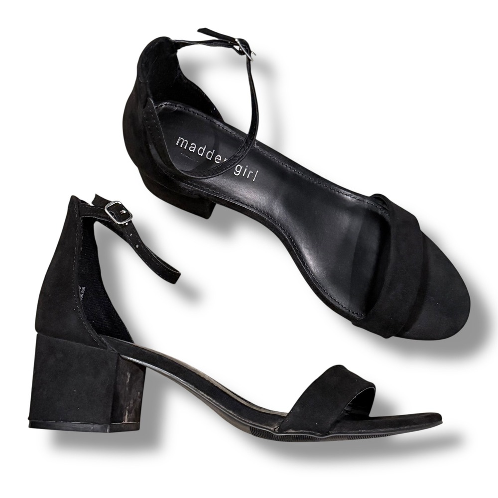 Madden Girl Ileana Black Suede Block Heel Ankle Strap Sandals Women Size 9